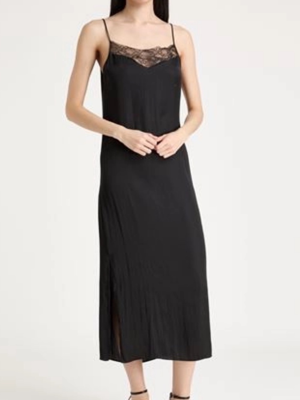 Maje Black Lace Trim Silky Midi Slip Dress Size 40 Adjustable Straps